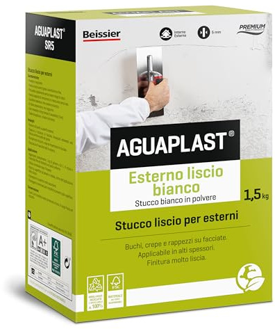 Stucco per Esterni finitura liscia – Aguaplast SR5 per Rasature e Riempimenti di Crepe e Buchi – Stucco in Polvere Verniciabile per Facciate, Muri e Intonaco – Alta Resistenza - formato 1,5kg