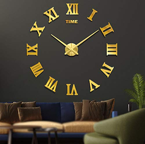 Mintime Rahmenlose 3D DIY Wanduhr XXL Stumm Spiegel Aufkleber Home Office Schule Dekoration (Gold)