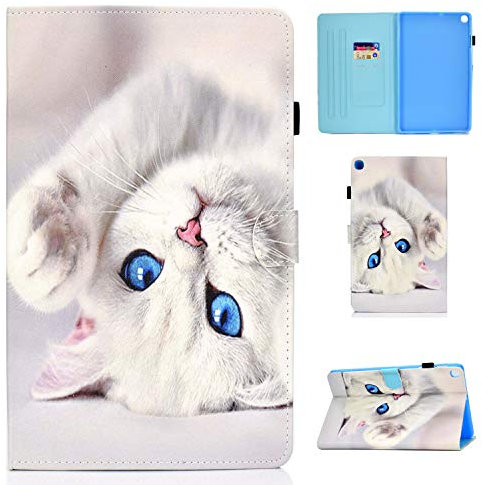 Succtop Coque Galaxy Tab A7 10.4 2020, Étui PU Cuir avec Porte-Crayons pour Samsung Galaxy A7 T500/T505/T507, Housse de Protection Portefeuille, Chat Blanc