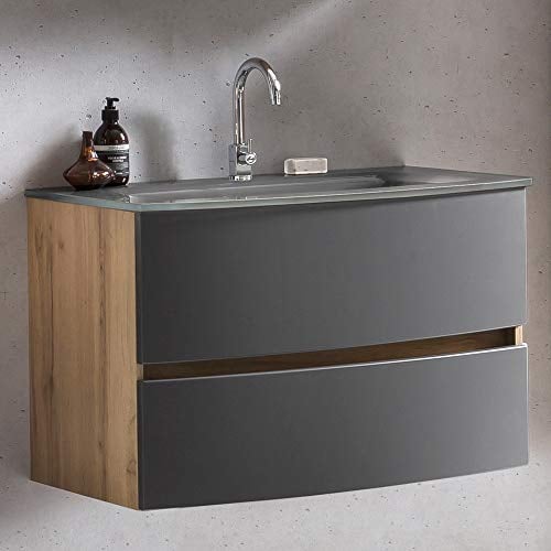 Lomadox Waschtisch Badezimmer 80 cm Wotaneiche Nb. mit matt grau inkl. Glaswaschbecken grau, BxHxT: ca. 80x53x49 cm