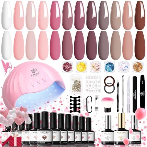 Modelones Gel Nail Kit with 48W Lamp - 12 Colors Pink Gel Nail Polish Set with Lamp Starter Kit, UV LED Nail Lamp, Glossy & Matte Top and Base Coat, Manicure Tools for Beginner DIY at Home