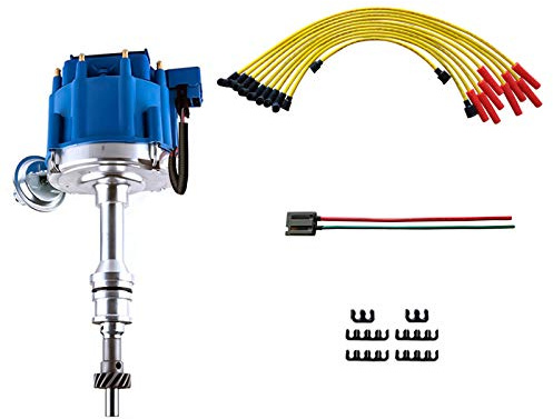 MAS Performance HEI Ignition Distributor w/Cap & Rotor and Spark plug Wire set Compatible with Ford 351C 351M 400 429 460 HEI 65,000 Volt Coil KA-1046013 PE332U JM6506BL 351CBLHEI0(Blue HEI Kit)