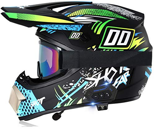 DCLINA Bluetooth Motorradhelm mit Offroad-Helm, Erwachsene ATV Motocross Helm Dirt Bike Racing Motorrad Integralhelm, DOT zertifizierter Helm, mit Handschuhen Schutzbrillen Maske, S-XL