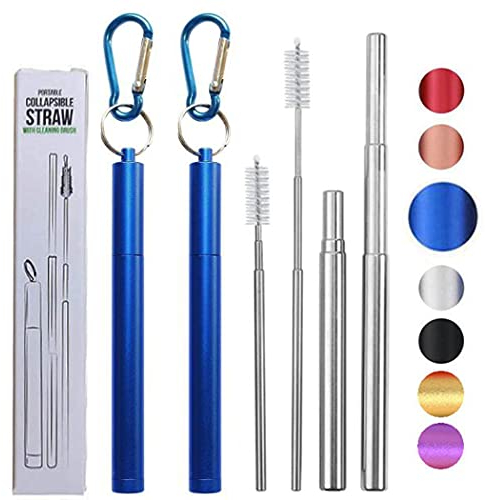 Hoshen Reusable Three-Section Foldable Metal Straw, Portable Telescopic Straw, Including Brush and Small Carabiner (Aluminum Alloy Shell), Blue, 2 PCS