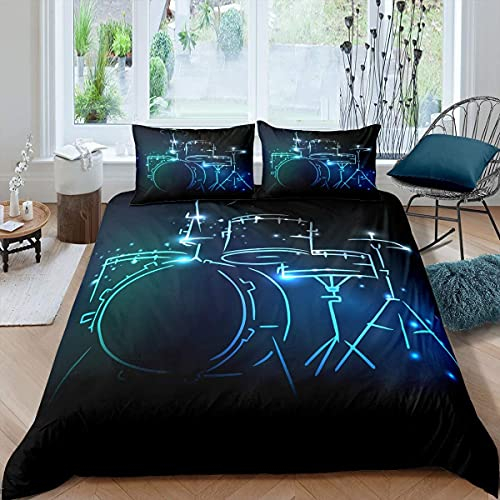 Loussiesd Rock Instrument Bettwäsche Set Schlagzeug Bettbezug für Jungen Teens Mann Musik Thema Bettwäsche Set Kreative Fluoreszierende Bettbezug Mode Schlafzimmer Dekor Bettwäsche 135x200cm Blau