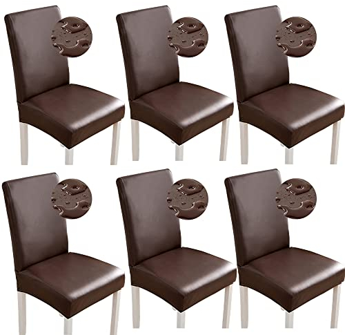 Bestenrose Stuhlhussen 6er/4er PU Leder Stuhlbezug wasserdichte Stretch Esszimmer Stuhlüberzug Stretch Stuhl Husse Universell Stuhlhussen Haus Büro Restaurant (6-Stück, Kaffee)