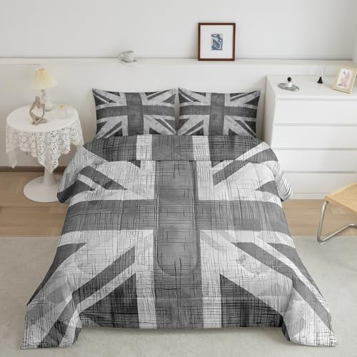 Loussiesd United Kingdom Flag Union Jack Bedding Set Grey UK Flag Duvet Set For Kidss Geometric Ultra Soft King Size