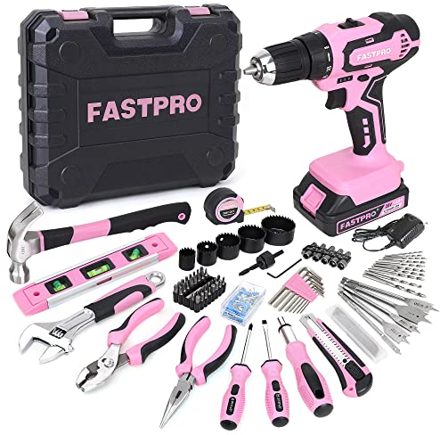 FASTPRO - Juego de herramientas para el hogar, juego de herramientas de reparación de hogar y taladro inalámbrico de iones de litio de 177 piezas, color rosa de 20 V