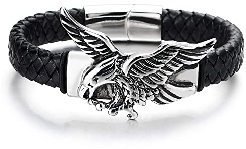 COOLSTEELANDBEYOND Rock Punk Edelstahl Fliegende Adler Herren ID Identifikations Armband Schwarz Geflochtene Lederarmband Schweißband