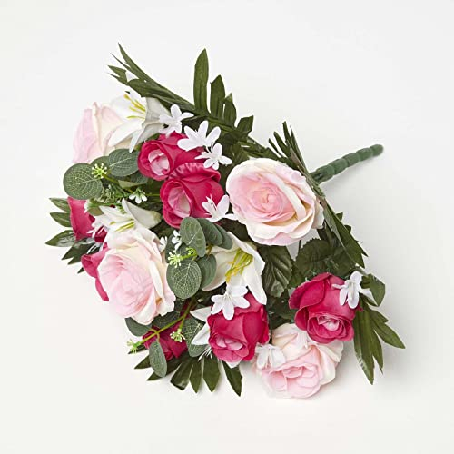 HOMESCAPES Artificial Bouquet Arrangement Cerise Pink Roses & White Lilies with Green Leaves for Decorative Floral Display
