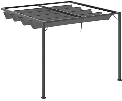 Outsunny 3 x 3(m) Outdoor Lean To Pergola Retractable Canopy Wall Mounted Gazebo Patio Shelter Sun Shade, Grey
