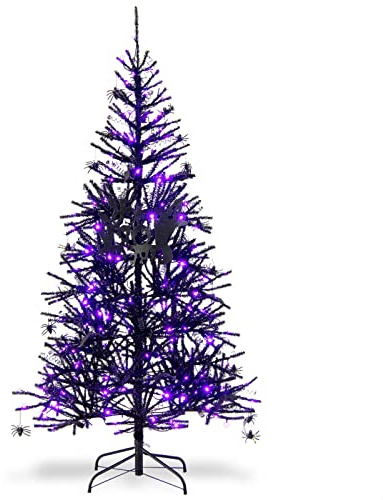 COSTWAY 180 cm Árbol Artificial de Halloween, Árbol de Halloween de Color Negro con 791 Puntas de Rama de PVC, 250 Luces LED y Adornos, Árbol Artificial Hogar, Oficina, Escuela, Instalación Rápida