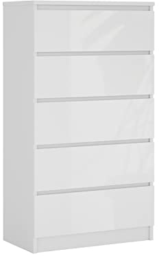 3E 3xE living.com Kommode mit 5 Schubladen, Farbe: Weiss Matt/Weiss Glanz, H: 124 cm, B: 70 cm, T: 39 cm