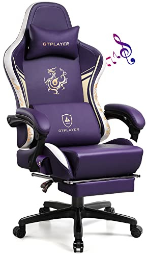 GTPLAYER Silla Gaming Silla Gamer Ergonómicos con Altavoces Bluetooth y Reposapiés Reclinable Silla Oficina Dragon Series con Reposacabezas y Cojín Lumbar para Trabajar y Jugar Morado