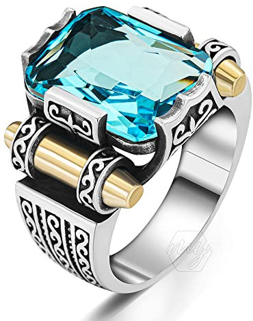925 Sterling Silber Aquamarin Stein Türkischer Herrenring Metall Aquamarin, Metall, Aquamarin