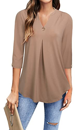 Gaharu Damen Bluse, 3/4 Arm Bluse Damen Büro Outfit Casual Business Oberteil Frauen Schick Festlich Lang Tunika Damen Lässig für Leggings,Damenshirt Halbarm Elegant Lässig Halbarm Blusen Khaki,M