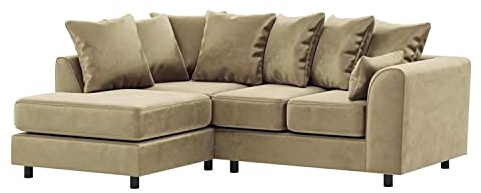 Furnishings For Less UK Brooklyn Beige Velvet L Shaped Corner Sofa - 4 Seater, Plush, Full Foam Seating Linked (Beige, Left Hand Facing)