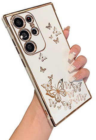 ZTOFERA Hülle für Samsung S23 Ultra 5G, Vergoldet Schmetterling Muster Etui mit Goldene Kante, Flexible TPU Anti-Kratzer Stoßfest Schutzhülle für Samsung Galaxy S23 Ultra - Weiß