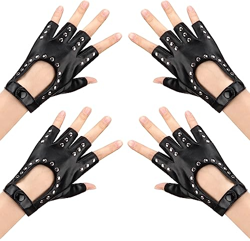 Newellsail 2 Paar Punk Handschuhe Fingerlose Damen PU Leder Halbfinger-Handschuhe mit Nieten für Cosplay, Performance, Tanzen, Fahren, Radfahren, Einheitsgröße (Schwarz)
