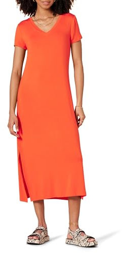 Amazon Essentials Women's Jersey V-Neck Short-Sleeved Midi-Length Dress, Coral Orange, M