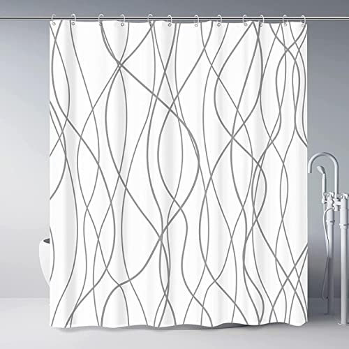 KEPPD Gris et Blanc Rayures Tissu Rideau De Douche Multi Taille Imperméable Épaissir Polyester Salle De Bains Cloison Décoratif avec Crochet-XXL 90X200cm Rideau De Douche