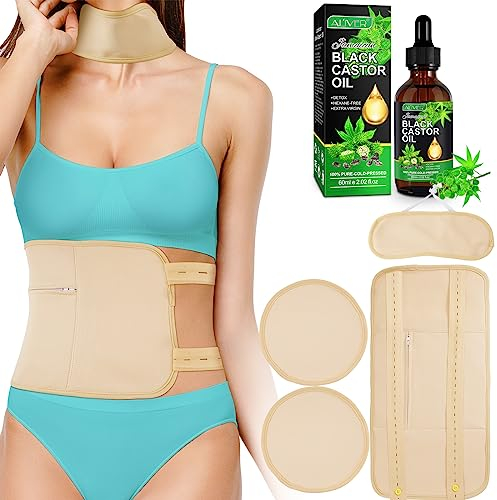 Castor Oil Pack, Wiederverwendbare Bio Rizinusöl Wrap, Kit mit verstellbaren elastischen Riemen Komfort Hals Taille Rizinusöl Pack zur Nackenentspannung, Muskelschmerzen(Nackt - Öl 60 ml)