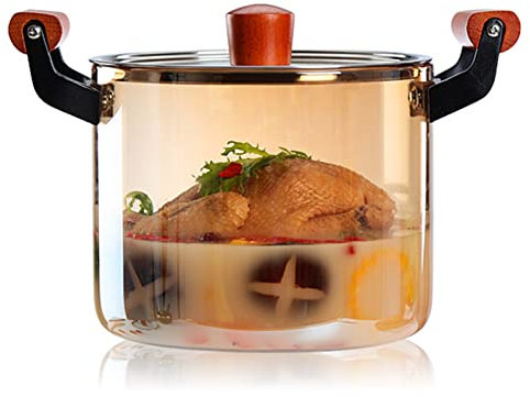 OQHAIR Cacerola De Vidrio Cocina De Vidrio Resistente Al Calor U, silios De Cocina De Vidrio De Borosilicato Transparente De 4L con Tapa Y Mango De Madera para Restaurante De Cocina C