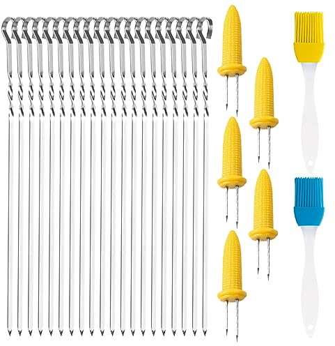 JSKWIKE 20 PCS Spiedini per Barbecue Spiedini Acciaio Inox per Barbecue Spiedini BBQ Riutilizzabili Spiedini in Acciaio Inossidabile Spiedini per Barbecue Include Spiedini di Mais e Pennello Cucina