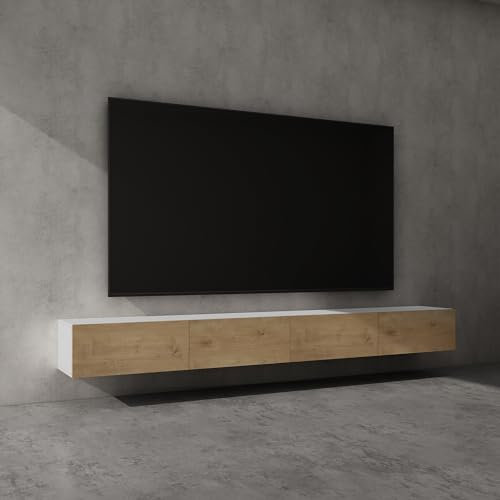 doporro Meuble TV Bas 280x40,2x30cm Armoire TV Blanc Mat + Marron Clair Table de Télévision Salon avec Portes Meuble TV Suspendu MBTV02