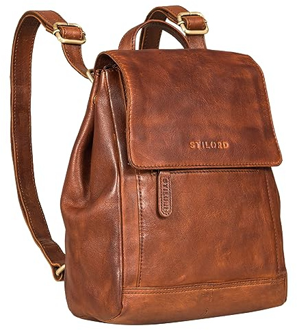 STILORD Allegra Elegante Rucksack Handtasche Damen Leder Klein Cityrucksack Frauen Vintage Lederrucksack Daypack Retro Wildleder Umhängetasche Farbe:Brandy - Cognac