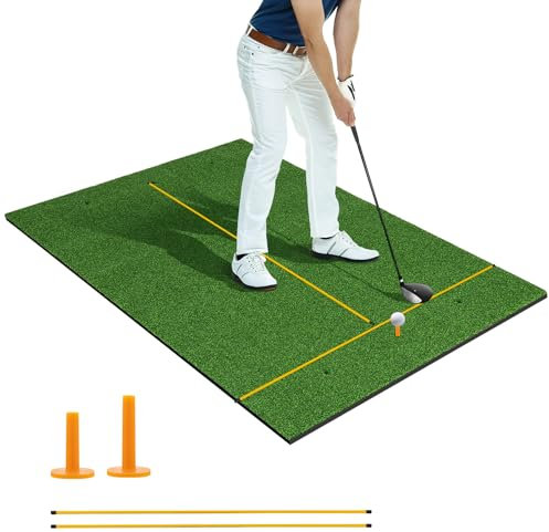 COSTWAY Tapis de Frappe de Golf 152 x 92 x 2,7 cm, Tapis d'Entraînement Avec 2 Tees et 2 Bâtons d'Alignement, 6 Trous de Tee Pré-percés, Pour Intérieure/Extérieure