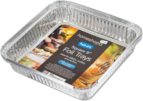 HOMESHOPA Aluminium Foil Trays Without Lids, 6 Pack 9 X 9 Inch Square Disposable Tin Foil Containers, Best for Meal Prep, Food Storage, Baking, Broiling, Roasting