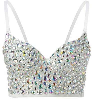 LOSSLO Korsett Top Damen Party -Bustier Damen Sexy Glitzer Crop Top Push Up BH Strass Spaghetti Tank Top Trägertop Sparkle Corsage Schlanke Weste Rave Clubwear Unterhemd Top Camisole Tanktops Frauen