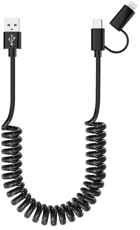 Cable Spirale Voiture pour Apple CarPlay et Android Auto [MFi & 3A Charge rapide & transmission de données] Câble USB vers USB C et Lightning 2 en 1 pour iPhone 17/16/15/14/13/12/11/Galaxy/Android