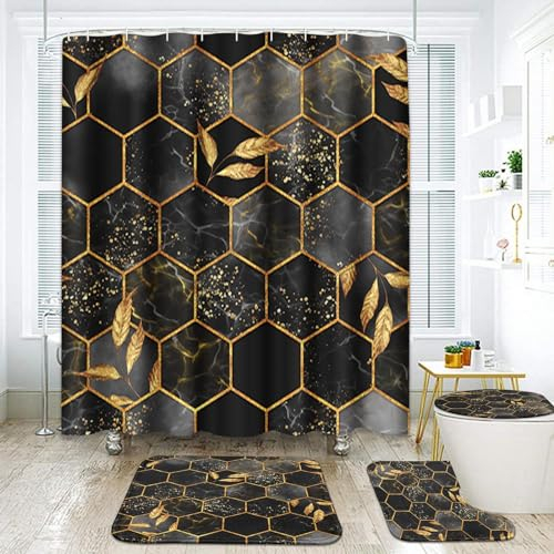 ArtSocket Marble Golden Leaves Bathroom Set with Shower Curtain and Rugs and Accessories, Black Gold Vintage Geometric Honeycomb Shower Curtain for Bathroom Decor 4 Pcs