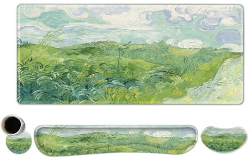 ToLuLu Extended Gaming Mouse Pad, Memory Foam Ergonomic Keyboard Mouse Wrist Rest Support Set, Large Desk Mat with Stitched Edges, Non-Slip Base Mousepad for Home Office Game and Study, Green Theme