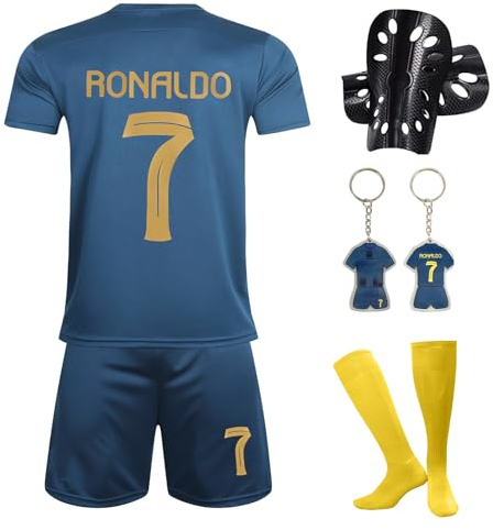 Ronronner Fussballtrikot, Fußball Set Kinder, Nr.7 Fußballtrikot Kinder Set, Fußball-Trainingstrikots für Jungen mit Socken und Schienbeinschoner (DE/NL/SE/PL, Alter, 120, 130, B)