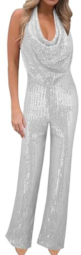 Womens Sequin Sparkly Romper Sexy Sleeveless Backless Night Out Halter Neck Jumpsuits Slim Fit Wide Leg Glitter Onesies Elegant Ladies Evening Cocktail Prom Party Coveralls UK