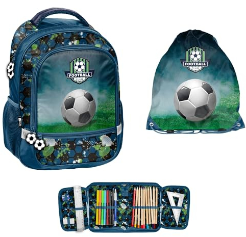 PASO 3-TEILIGES SCHULSET: Rucksack + Turnbeutel + BEFÜLLTE FEDERMAPPE - Fussball