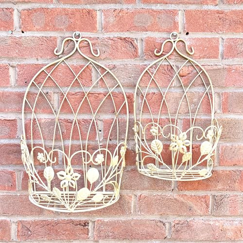 Set of 2 Cream Metal Garden Wall Planters Hanging Basket Plant Pot Holders Vintage Art Decor