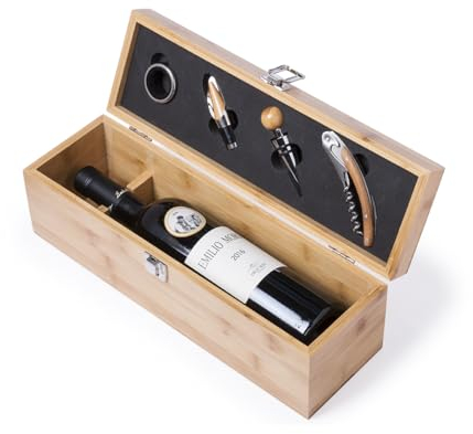 FOR ADVENTUR – Coffret Cadeau en Bambou pour Vin – Boîte Élégante 750 ml avec Accessoires Sommeliers (Tire-Bouchon, Coupe-Capsule, Verseur, Bouchon)