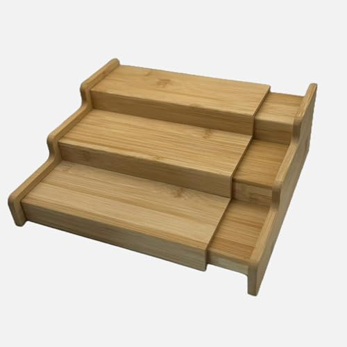 Bamboo Spice Rack Organiser | 3 Tier Extending Spice Organiser | Kitchen Storage Rack | Seasoning and Small Jars Kitchen Countertop Organizer | Extendable Shelf