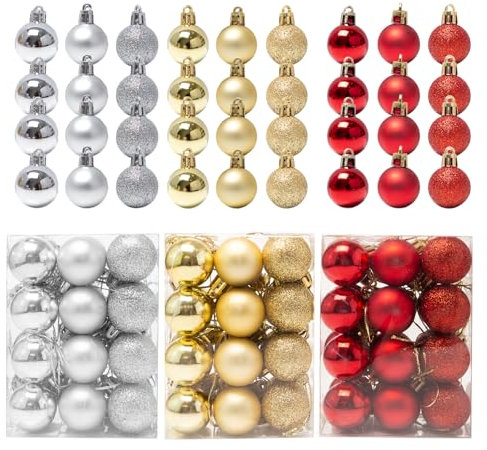 Keboyoe 72 Piezas Bolas de Navidad Adornos Navideños Rojos Plata y Dorados Bolas Arbol de Navidad Adornos Arbol Navidad Plastico con Cordón para Decoración Navidad Fiesta Cumpleaños