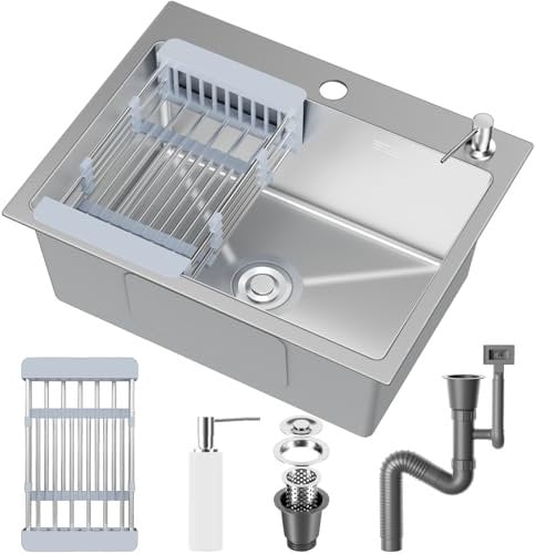 Lavandino Cucina,Lavello cucina in acciaio inox 55x43cm,da incasso e sottotop con filtro a cestello,sifone e Set di Drenaggio