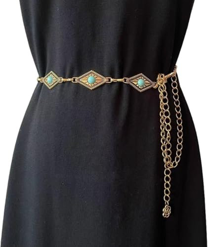 FUXIU Zarte Relief Türkis Schnalle Taillengürtel Frauen Abschlussball Party Kleid Gürtel Dünn Glänzend Ethno-Stil Verstellbarer Gürtel, Rhombus-Gold, As detailed discription