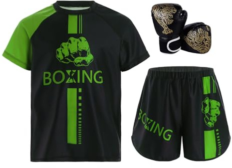 winying Set di vestiti da boxe per bambini e ragazzi, set di guanti da boxe Muay Thai Fitness Training, verde/nero, 134-140
