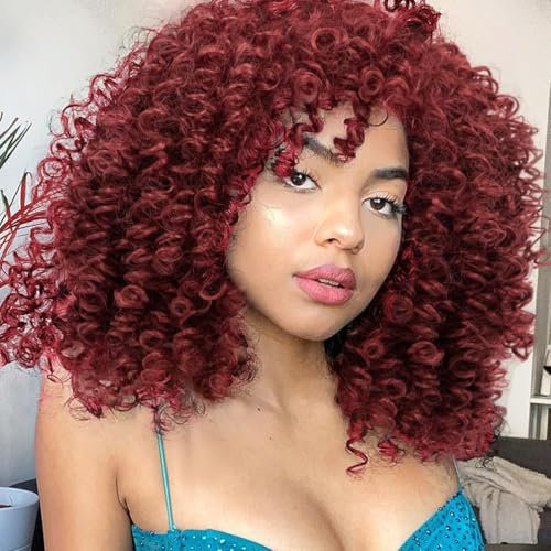ColorfulPanda Afro Perücke Synthetische Verworrene Lockige Haar für Frauen,Dunkel Rot gemischt Kinky Curly mit Pony Afrikanische kurze Perücken für Schwarze Damen (Burgund)