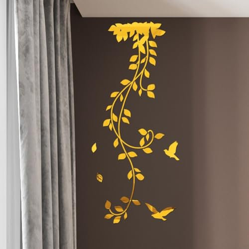 Chic Removable Flower Vine Design Wall Stickers Unique Acrylic Art for Living Spaces (Gold)