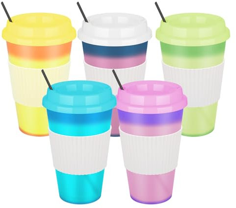 NUZEKY Plastic Coffee Cups with Lids Straws: 16oz 5 Pcs Colour Changing Cups for Hot & Cold Drinks - Iced Coffee Cup Party Tumbler Bulk for Kids Adults - Party Smoothie Cup Travel Mugs