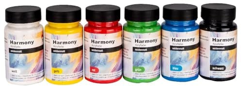 Ideen mit Herz Acrylfarbe Harmony | Acrylic Paint Set | 6 Farbtöne | seidenmatt | hochdeckend | Farben auf Wasserbasis | je 90 ml (Basic-Farbtöne)